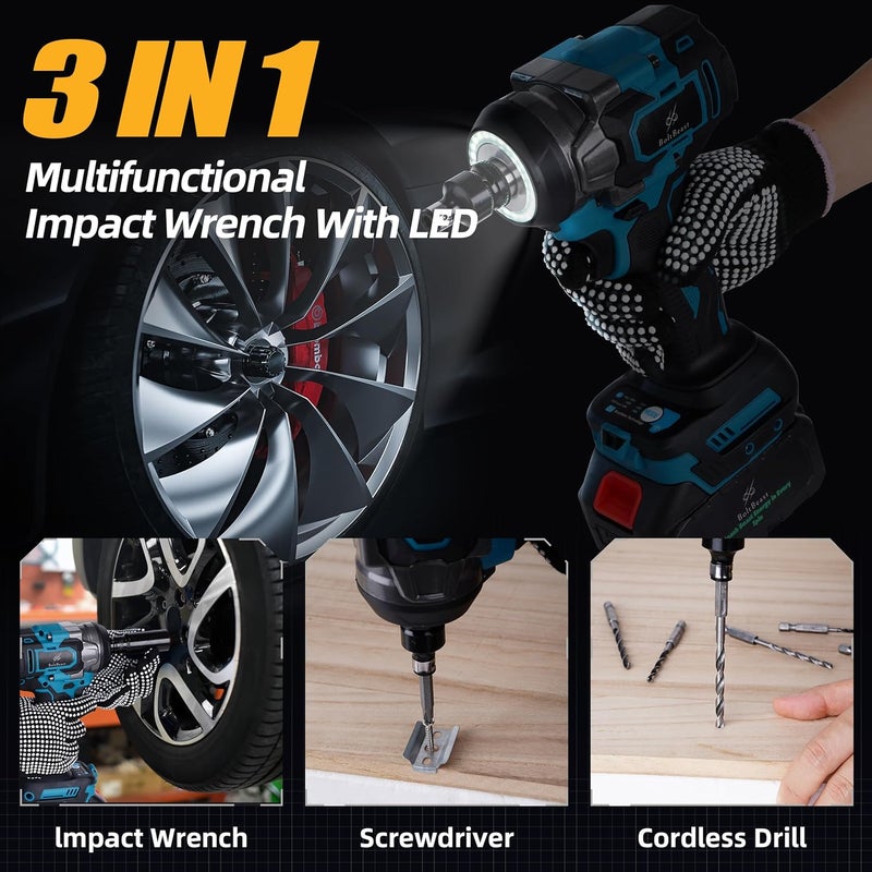 BoltBeast 500 N.m Brushless Impact Wrench with Small Wrench, Waist Hook, 7 Sockets, 6 Scredrivers and 6 Drill Bits 3500 RPM Heavy Duty Impact Drill for Cars, RV, Truck,Home Furniture and DIY Projects - Image 4